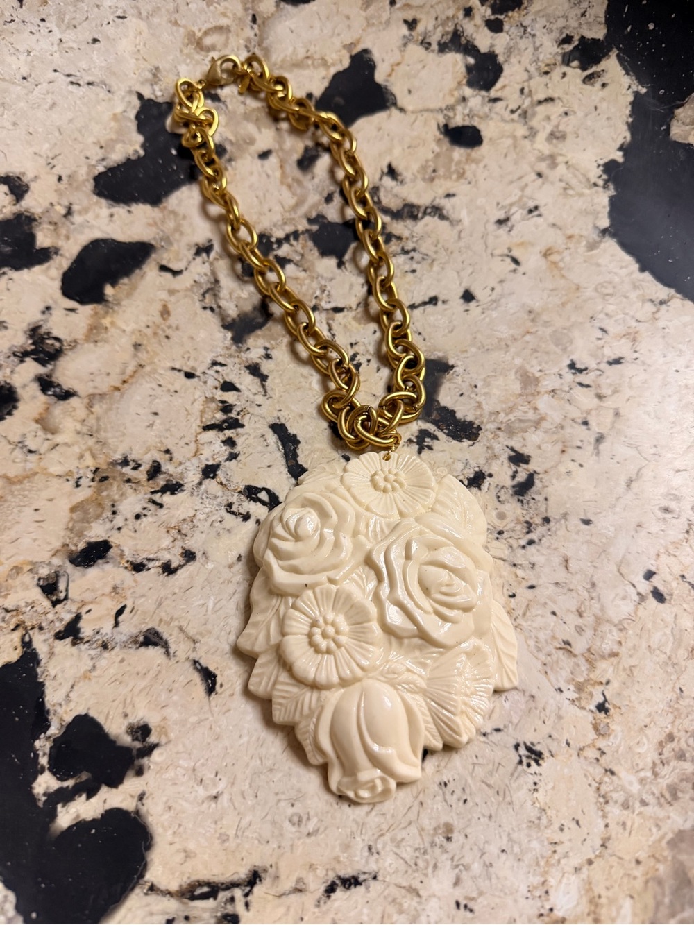 Yochi Gold Chain Necklace with Cream Floral Carved Pendant